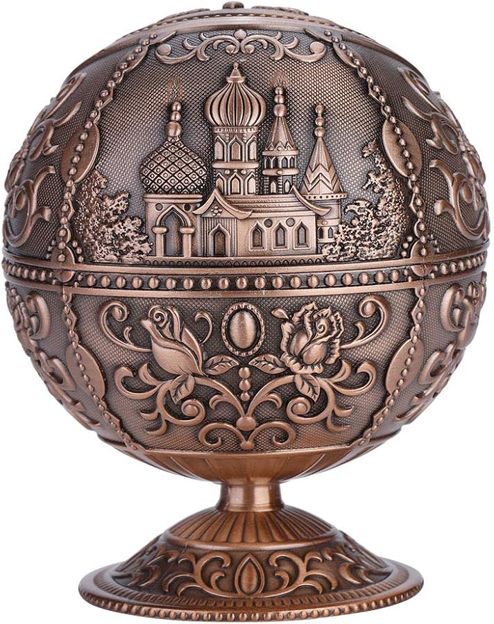 قلعة النحاس العتيقة منفضة سجائر معدنية مقاومة للرياح مع غطاء محمولة كرة مستديرة هدية - Image 4